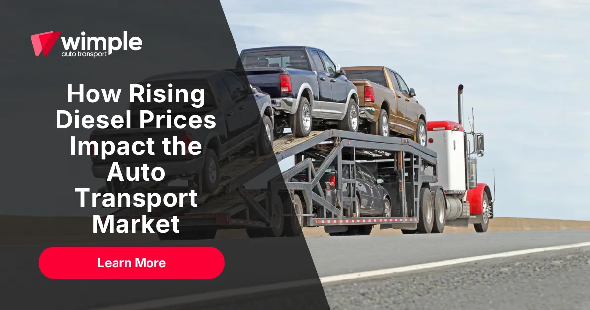 Car hauler trailer transporting pickup trucks on a highway, illustrating how rising diesel prices impact the auto transport market and vehicle shipping costs